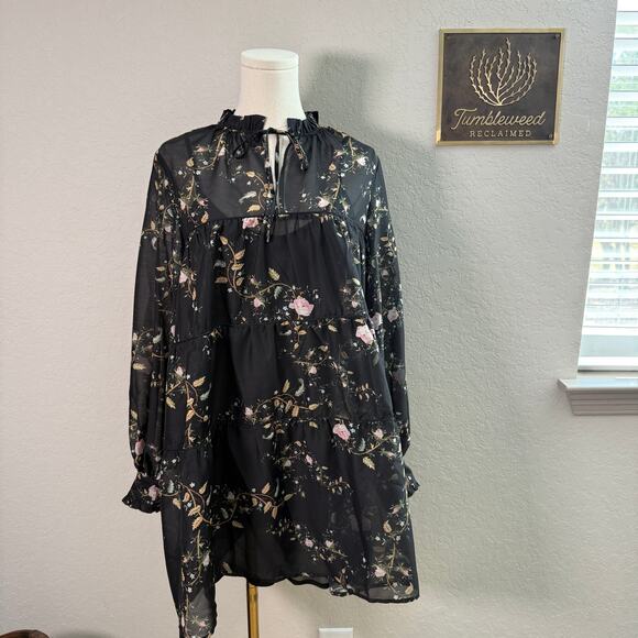Women's All Saints Black Pullover Floral‎ Botanical Dress with Slip Size 0 NEW - Picture 2 of 11